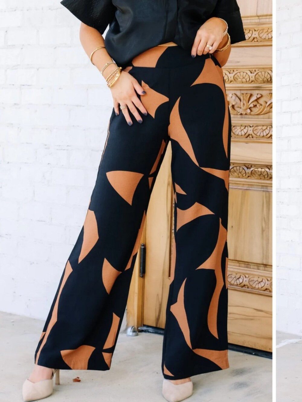 Tribal Tan And Black High Waist Wide Leg Pants Size XL - Picture 2 of 9
